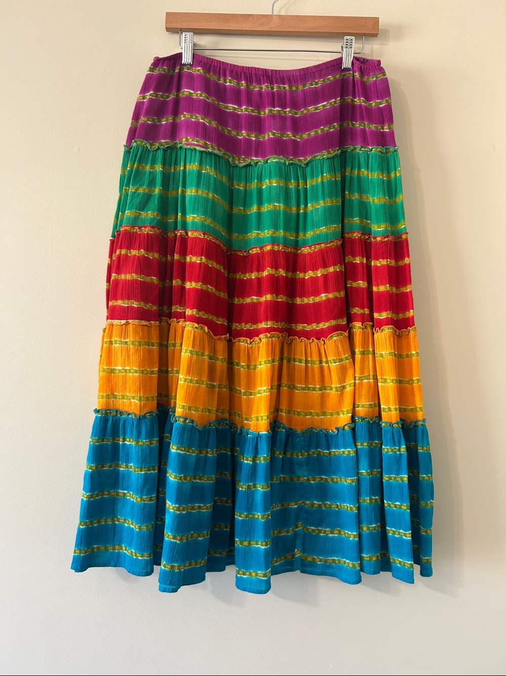 Lauren Ralph Lauren Rainbow Tie-Dye Tiered Maxi Skirt Elastic Waist Petite Small